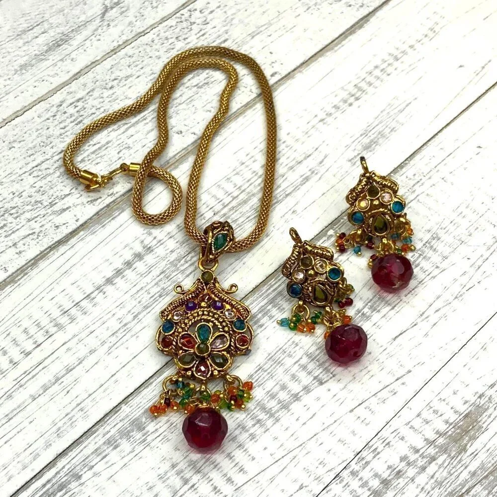 Necklace Earrings Set Gold Tone Ethnic India Boho Bollywood 16 Inch Length